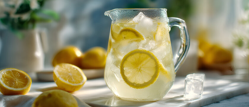 Refreshing summer lemonade pitcher with sliced lemons and ice on a marble surface, creating a cool, hydrating beverage for hot days, enjoying sunny outdoor moments