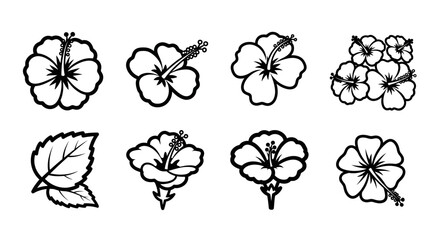 Set of hibiscus flower line art icons and floral botanical leaf illustrations © Tulippp