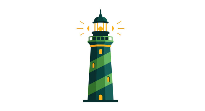 Illustrated Green Lighthouse with Glowing Beacon Light.
