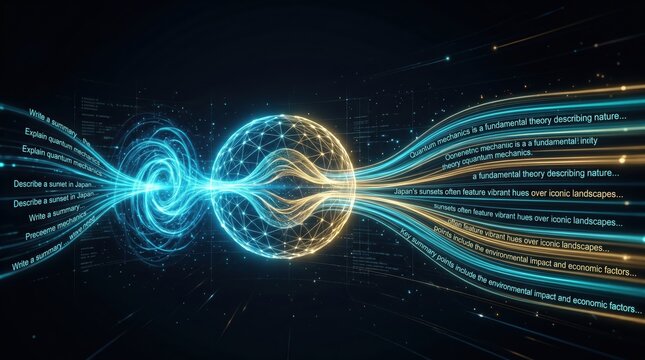 Quantum mechanics concept with glowing blue and gold lines and nodes on dark background with code