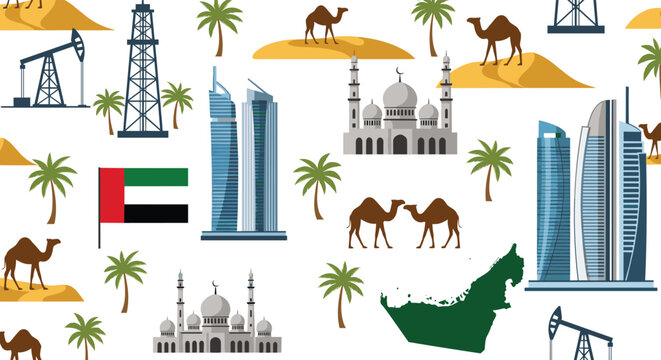 Comprehensive seamless pattern showcasing landmarks and cultural symbols of the United Arab Emirates including camels, mosques, and oil rigs.