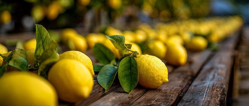 Freshly picked organic lemons with green leaves arranged in a long row on a rustic wooden table, representing natural harvest, citrus farming, and healthy eating