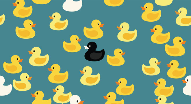 Fun seamless pattern of yellow rubber ducks with a single black duck in the center standing out from the crowd.