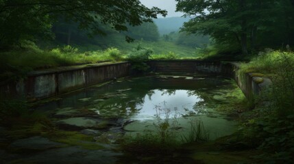 Obraz premium Serene Abandoned Pool Surrounded by Lush Greenery in a Misty Landscape, Evoking Nature's Reclamation and Tranquility, Perfect for Reflection Themes