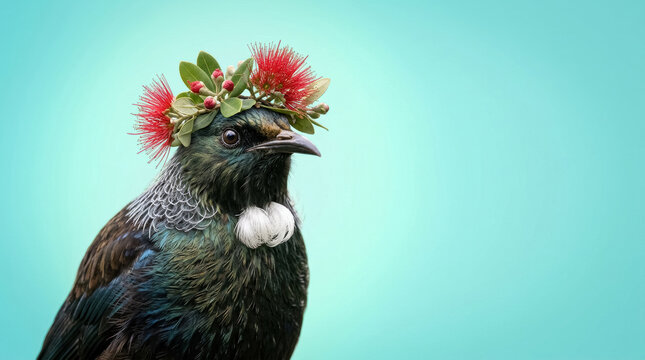 Cute New Zealand tui bird wearing pohutukawa flower crown over turquoise copy space background.