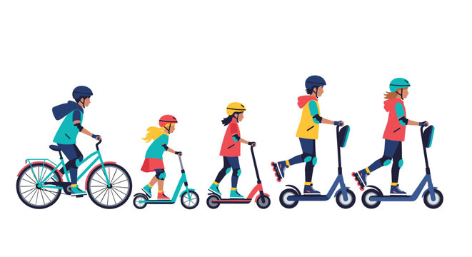 Line of children and teenagers riding different vehicles like bicycles, scooters, and roller skates, promoting active outdoor recreation for youth.