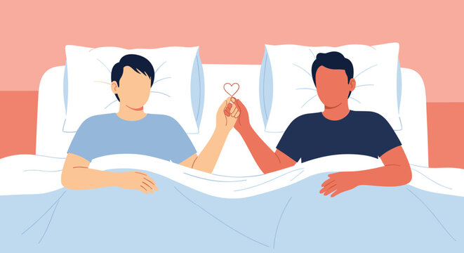Tender scene of two men lying together in bed under white sheets while gently holding hands and connecting through a small heart symbol.