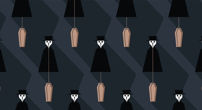 Dark and surreal seamless pattern featuring plague doctor figures in black robes and masks alternating with small wooden coffins hanging on strings.