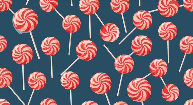 Colorful seamless pattern of traditional red and white peppermint swirl lollipops on sticks scattered over a dark blue background for sweets.