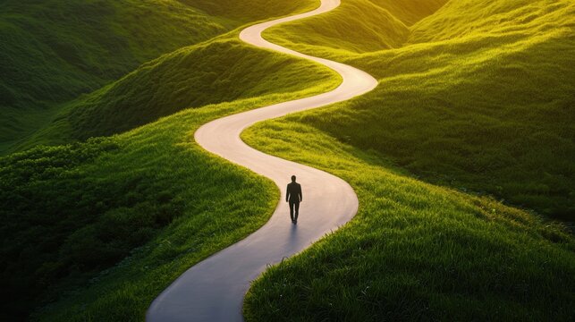 Journey Person walking alone on a long winding road, symbolizing personal growth.