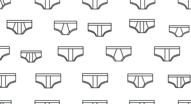 Minimalist seamless pattern featuring various styles of men's white briefs with black outlines scattered over a plain white background for fashion.