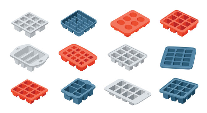 Collection of various ice cube trays and baking molds in different colors and grid arrangements, used for kitchen storage and food preparation.
