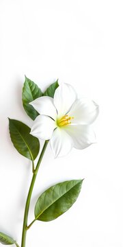 Elegant isolated white flower with delicate green leaves on pure white background, purity, nature