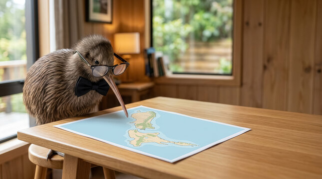 Kiwi bird in glasses and bow tie studying New Zealand map at wooden table, travel and tourism concept.