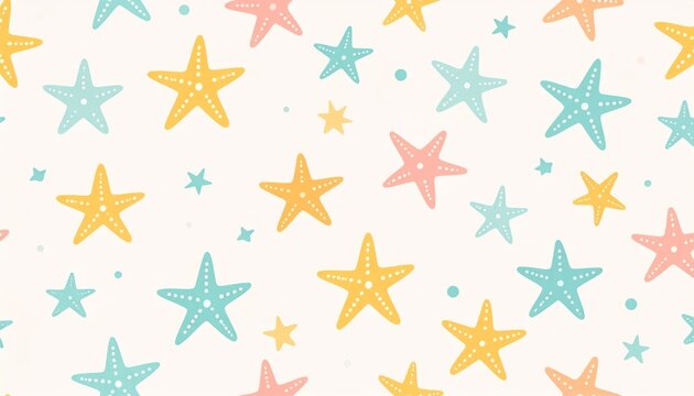 Colorful Pastel Starfish Pattern Arranged on Light Nautical Background