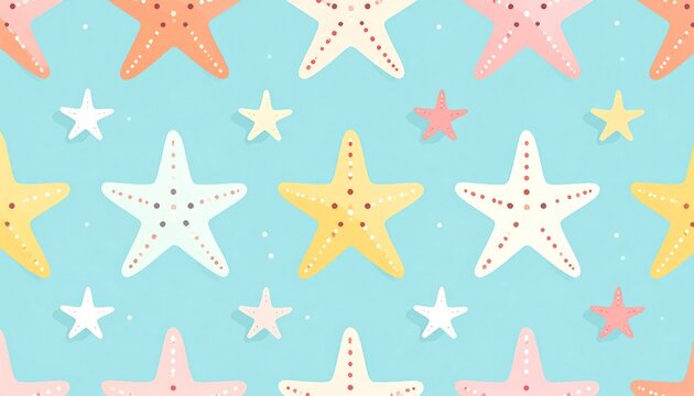 Colorful Pastel Starfish Pattern Arranged on Aqua Background