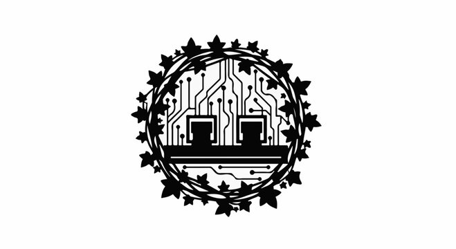 Abstract digital circuit board design with connected computers within a circular frame of stylized leaves.