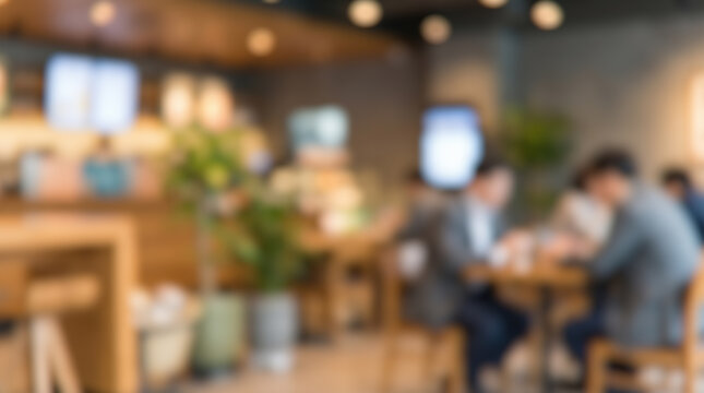 Blurred coffee shop interior background people sitting wooden tables bright modern restaurant green plants cafe space public catering business meeting lifestyle template
