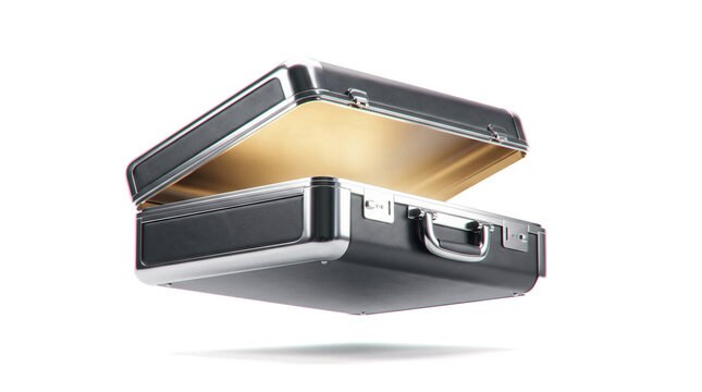 Mysterious modern glowing open black leather silver metallic briefcase floating isolated white background business secret wealth success treasure concept 3d rendering
