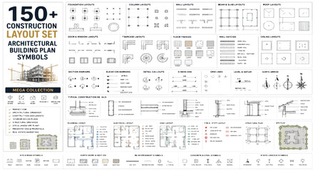 Architectural building plan symbols, 150+ construction layout set for blueprints, technical floor plan icons and engineering schematic elements vector © Allah k hwaly