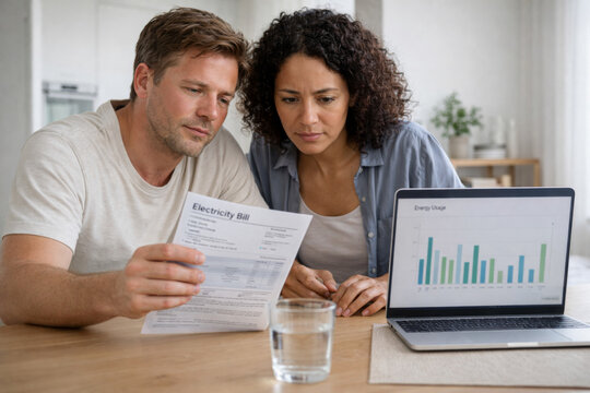 Man and woman reviewing electricity bill, concerned expression, concept of energy costs