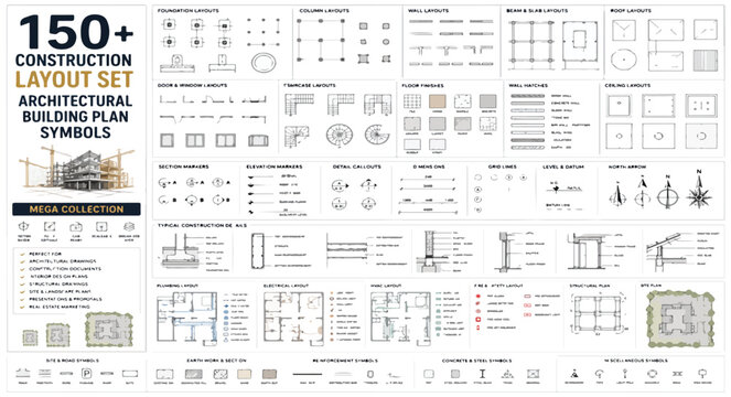 Architectural building plan symbols, 150+ construction layout set for blueprints, technical floor plan icons and engineering schematic elements vector