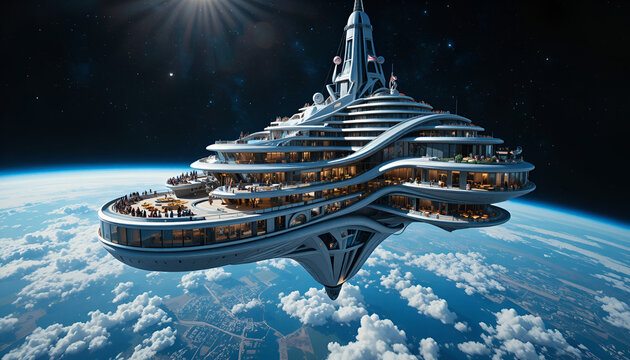 Luxury hotel orbiting Earth, panoramic space views, elegant futuristic design, tourists enjoying zero gravity, cinematic realism.
