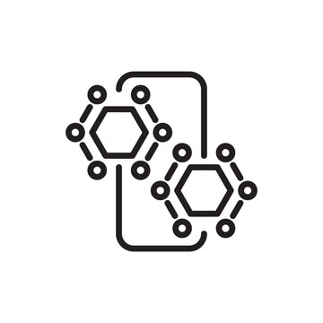 Digital twin line icon featuring two identical hexagonal data nodes mirroring each other across a central interface loop. Ideal for smart simulation, machine learning virtualization, cyber replication