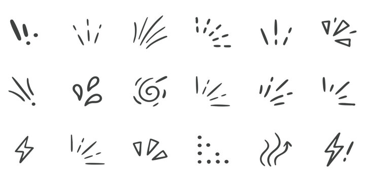 Set of hand drawn manga style comic book effect icons and action lines for expressive graphic design