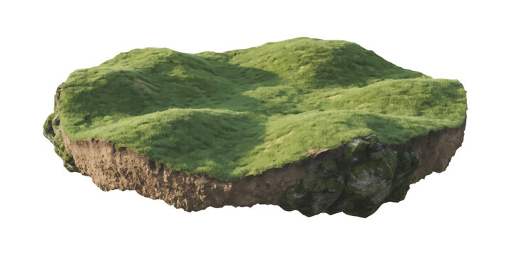 Small floating piece of green grassy land with soil cross section showing layers of earth for 3D design