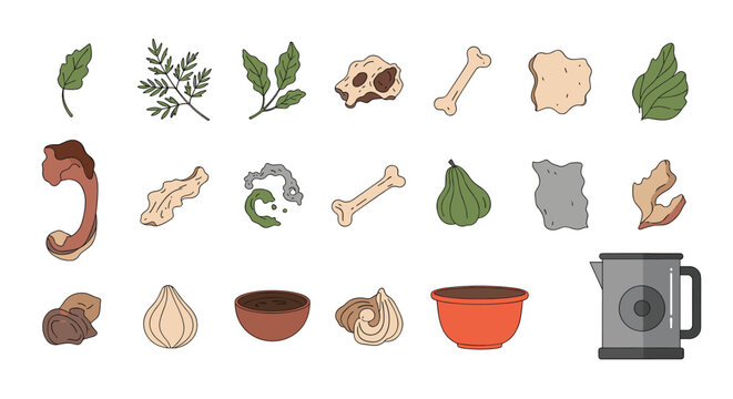 Detailed set of natural ingredients including leaves, roots, seeds, and bones alongside a bowl and kettle for traditional preparation.