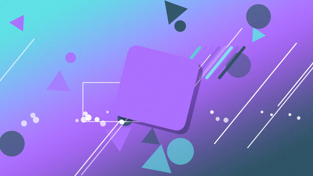 A purple 3D cube with a blue shadow sits amid floating shapes, lines, and dots, evoking a bold futuristic mood on a vibrant purple-blue gradient.