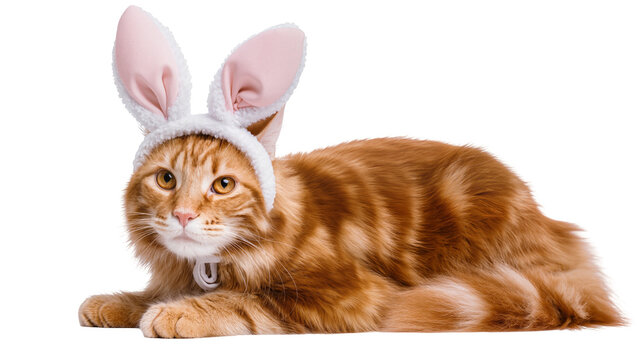 Orange tabby cat wearing white and pink bunny ears headband
