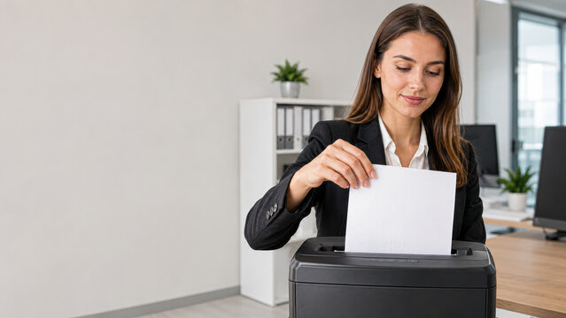 A professional woman uses a paper shredder in a modern office, securely disposing of confidential documents to protect sensitive information.