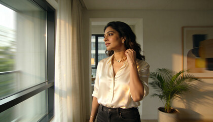 Fototapeta premium Standing woman wearing cream blouse touching gold chain, gazing out metal window in flat with palm