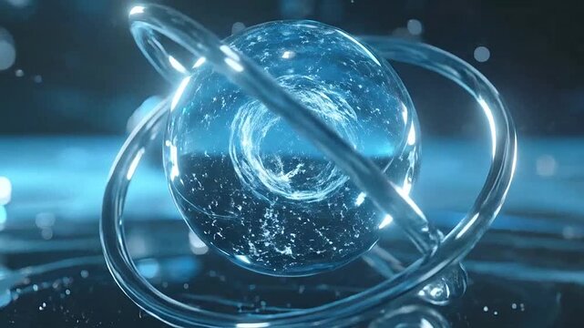 A glowing blue sphere surrounded by rotating rings in space