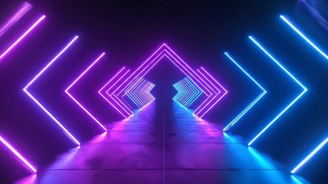 A futuristic tunnel with glowing neon light frames in dark space