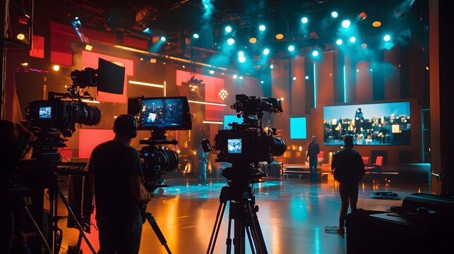 Video Production Team Filming Concert Performance With Broadcast Cameras