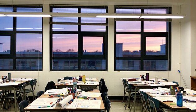 Featuring classroom tables and chairs covered with papers, markers, water bottles at school