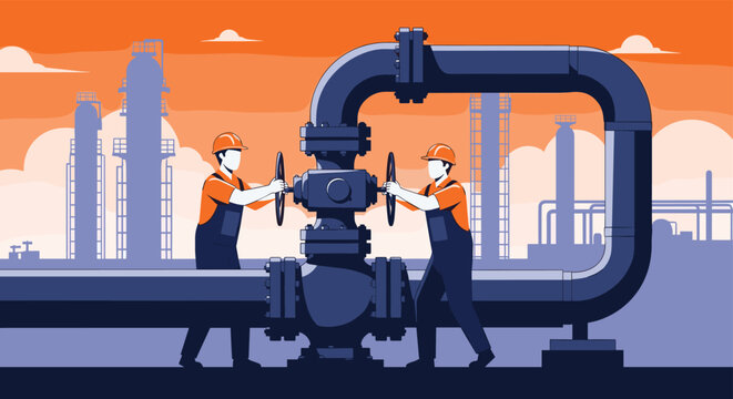 Industrial workers in orange safety gear operating valves on a large pipeline system in a factory setting at sunset.