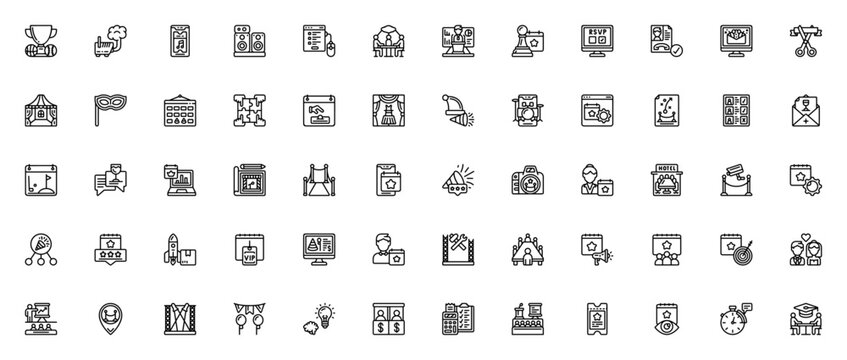 Event management icon set. Minimal thin line web icons pack. Vector illustration. Featuring sports, smoke machine, smartphone, speakers, invitation, workshop, seminar, strategy, team building, wedding