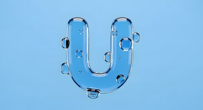 3d render of the letter u made of clear glass with water bubbles inside on a blue background