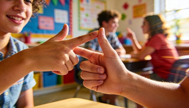 Touching students' fingertips connecting in classroom, with desks, board, sunlight, red top