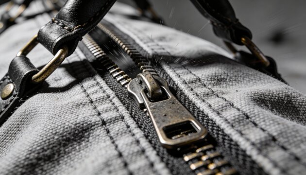 Sliding zipper slider and teeth glistening on wet canvas backpack, with stitched seams and D-ring