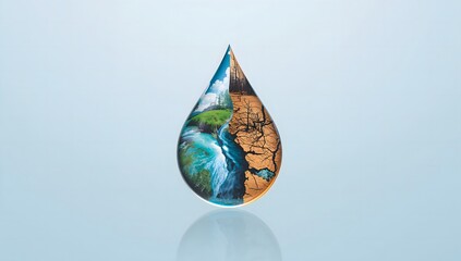 Fototapeta premium Conceptual water droplet showing split climate change with green nature and dry cracked earth background