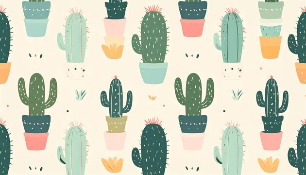Colorful Potted Cactus Pattern Arranged on Cream Background