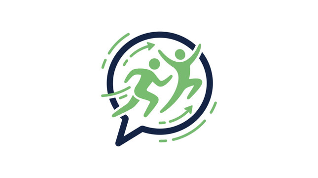 A green and blue logo featuring two dynamic human figures within a speech bubble on a white background.