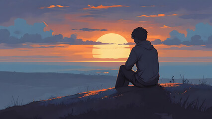 Obraz premium Man Watching Sunset Over Ocean, Serene Solitude, Pixel Art Style