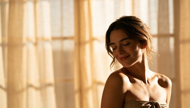 Standing woman in strapless tied top closing eyes near paned window with sheer curtains, copy space