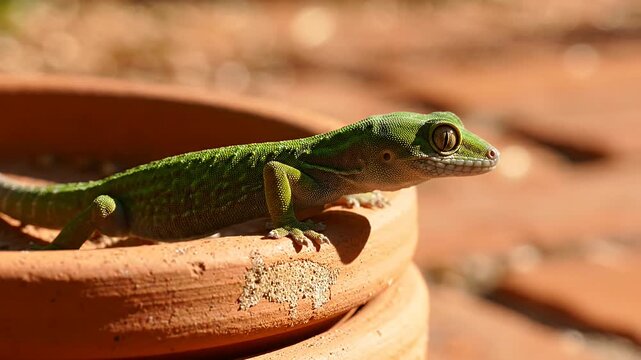 Green gecko lizard head close up view. Small reptile skin. Scaly animal skin scales eye pupil.